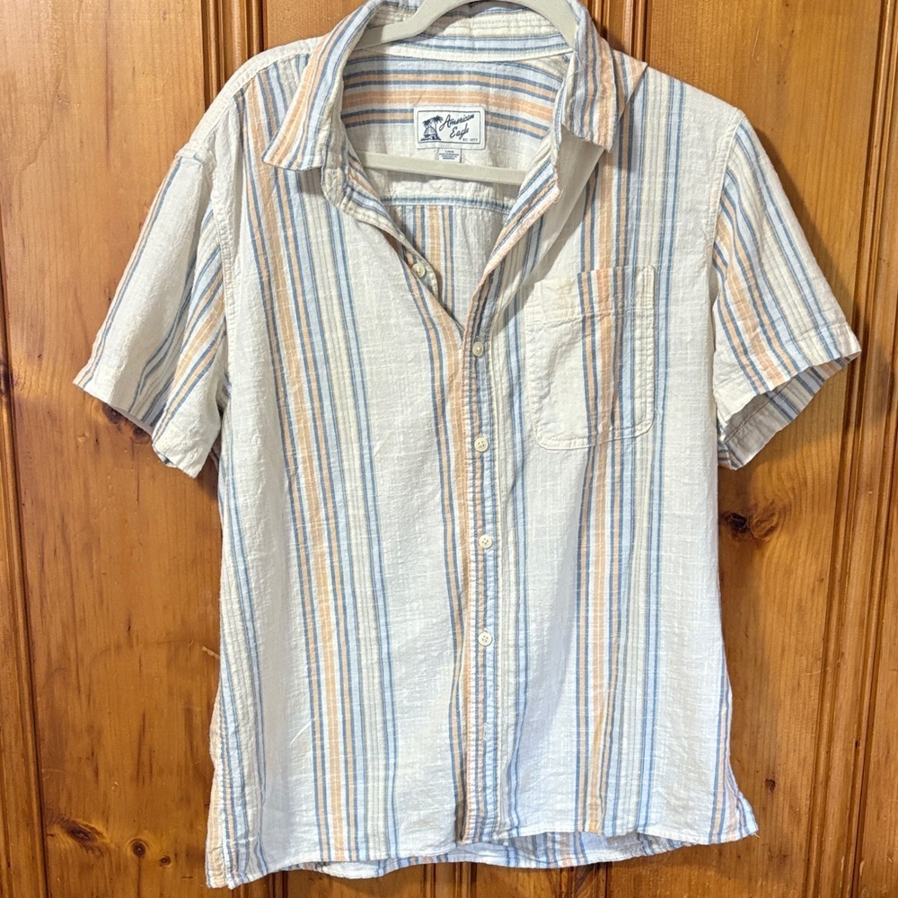 American Eagle Multicolor Striped Button Up Short Sleeve Shirt -Size Large